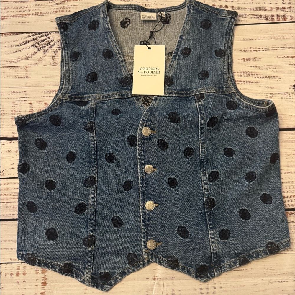Vero Moda Blue Denim Vest with Navy Blue Floral Embroidery